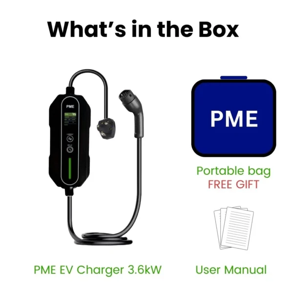 PME EV Charger3.6kW Box Contents viz. EV charger, user manual and free carrying portable bag & gift