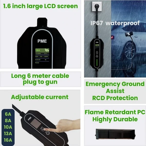 PME EV Portable Charger 3.6kW features viz. large LCD screen, 6 meter long cable, durable flame retardant PC build and lifetime support