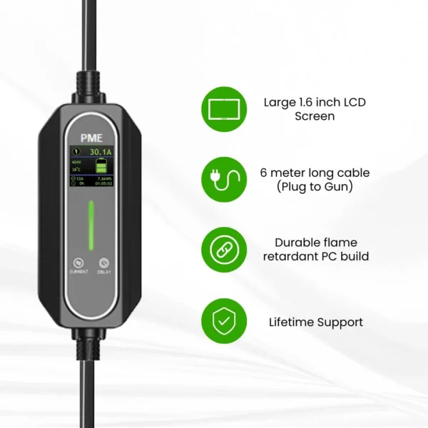 PME EV Portable Charger 22kW features viz. large LCD screen, 6 meter long cable, durable flame retardant PC build and lifetime support