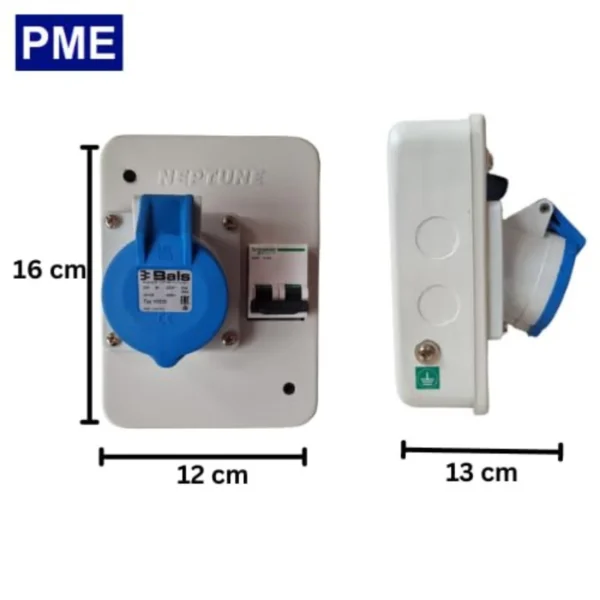 Dimensions of 32A Industrial Socket Box with box by Neptune and socket by BALS