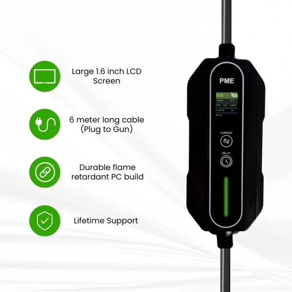 PME 7.2kW EV Portable Charger features viz. large LCD screen, 6 meter long cable, durable flame retardant PC build and lifetime support.