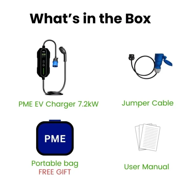 PME EV Charger 7.2kW with jumper cable. EV charger, user manual and free carrying portable bag & gift