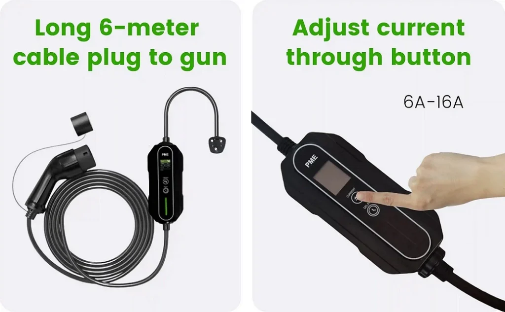 EV Charger 3.6kW by PME with long 6 meter cable and adjustable current 6A-16A